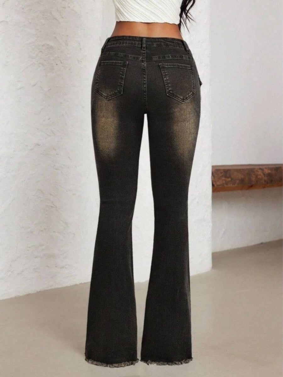 Button-up Low-rise Flared Washed Jeans
