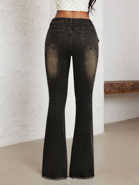 Button-up Low-rise Flared Washed Jeans