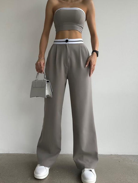 Color-blocked Vest Bandeau High-waisted Wide-leg Trousers 2-piece Sets