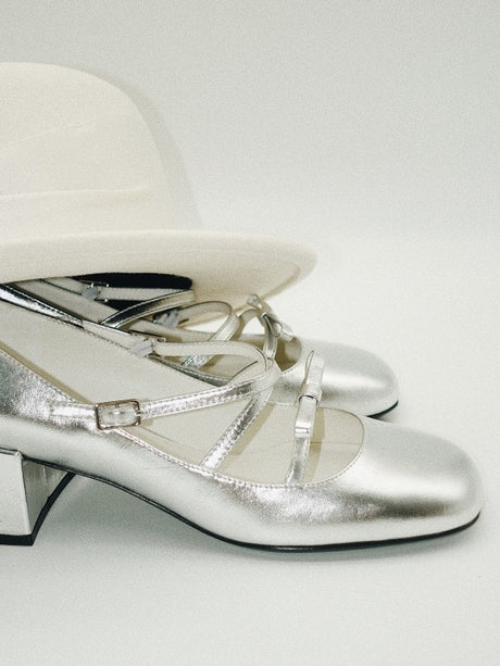 BIUCILI "kilig" Original Silver Ballet Bow Chunky Heel Mary Jane Barbie Flats For Women