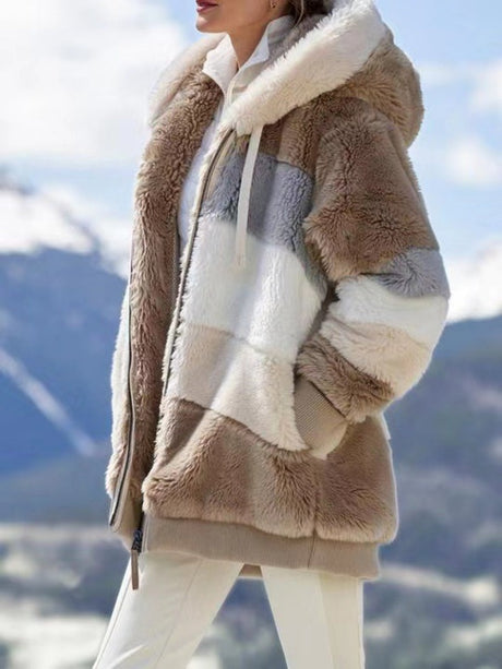 Loose Solid Color Plush Zipper Hood Color-block Jacket