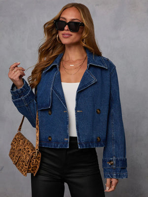 Lapel Double-breasted Long Sleeves Short Denim Jacket