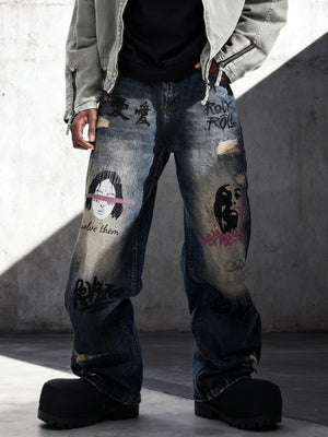 Face Graffiti Loose-fit Distressed Washed Fake Hole Jeans