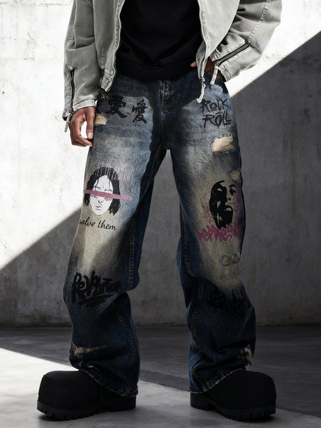 Face Graffiti Loose-fit Distressed Washed Fake Hole Jeans