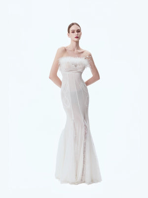 Ostrich Feather Strapless High-waisted Fishtail Bodycon Skirt