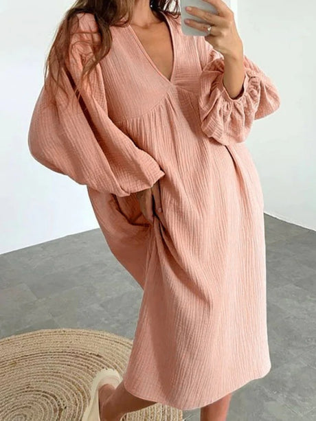 Cotton Blend Temperament V-neck Long Sleeve Loose-fit Home Vacation Mini&Short Dresses