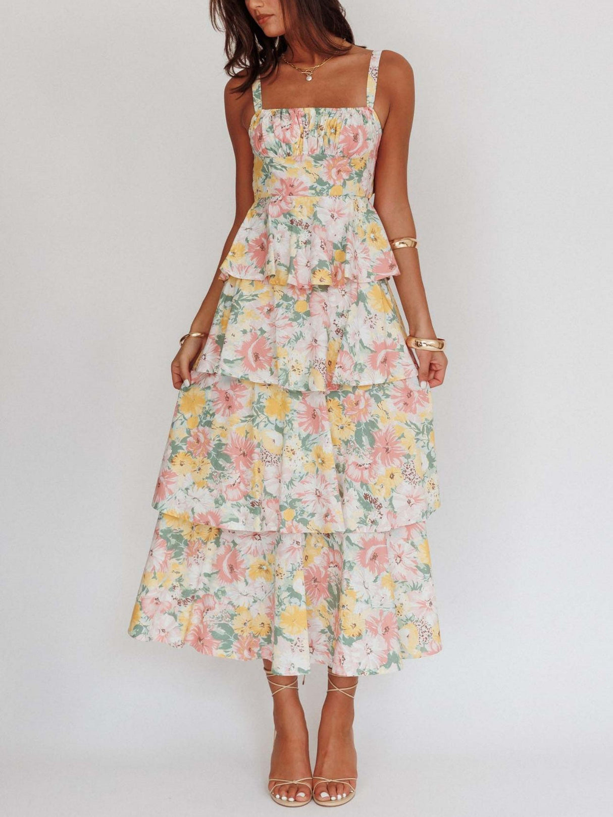 Floral Print Pleats On Suspenders Maxi Dresses