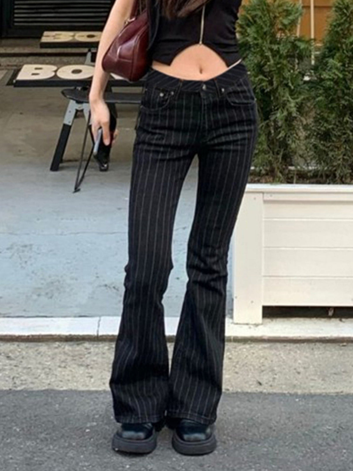 Stripes Contrasting Colors Low-rise Bell-bottoms Jeans