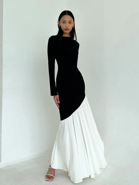Liber Autumn Women's Contrast color pleats Solid Color Maxi Dresses