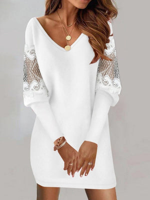 V-neck Long Sleeve Lace Stitching Knitting Mini&Short Dresses