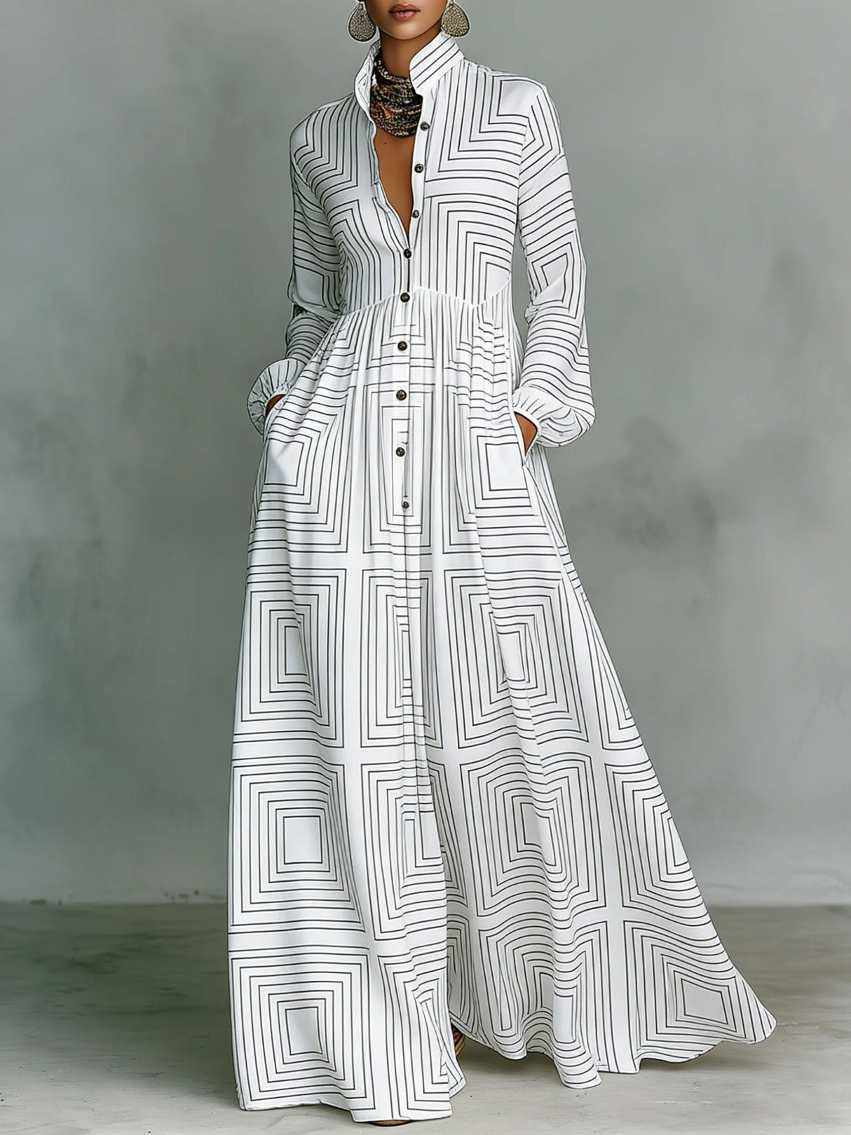 Long-sleeved Printed Maxi Dress