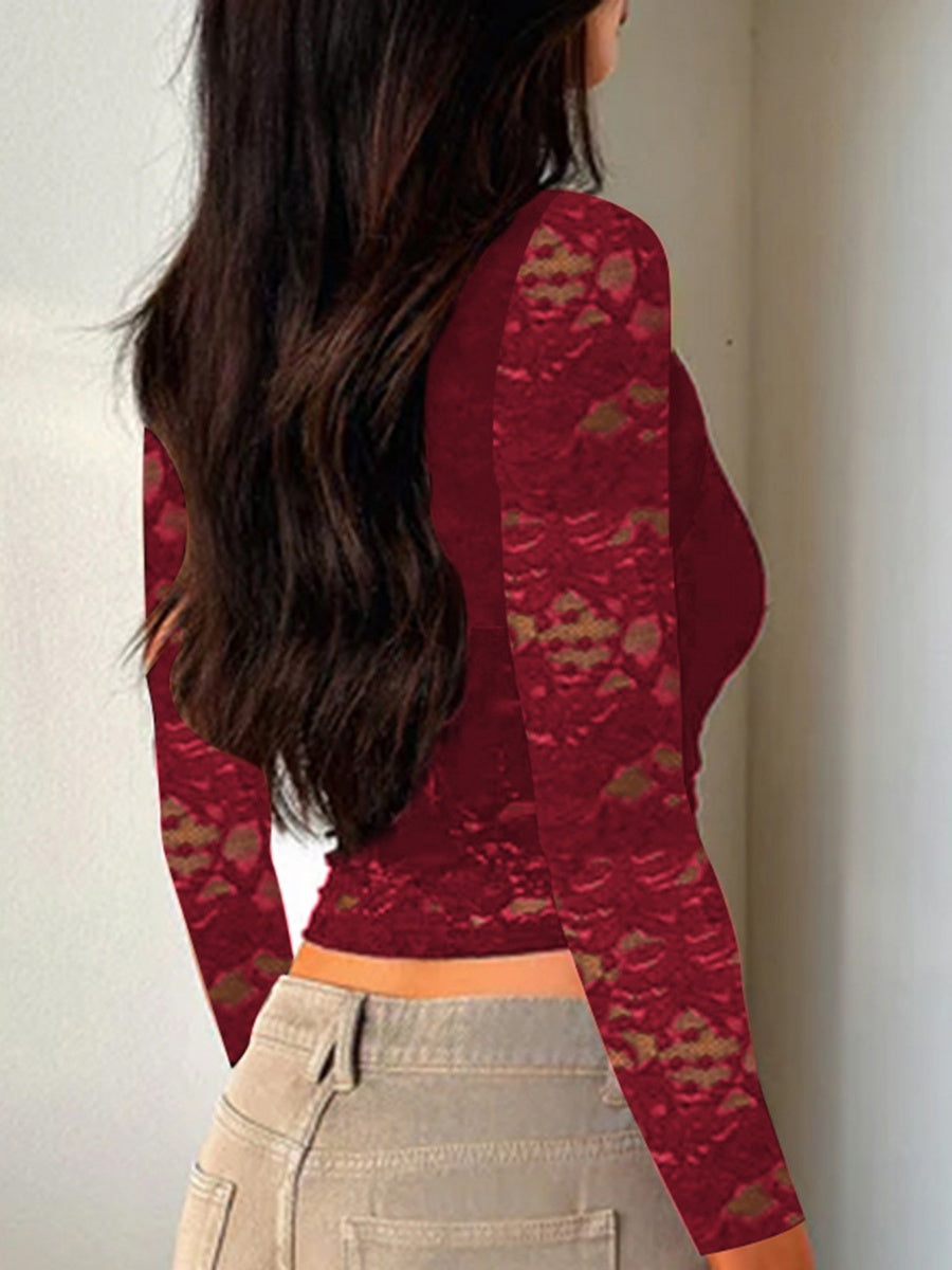 V-neck Lace-trimmed Long-sleeved T-shirt