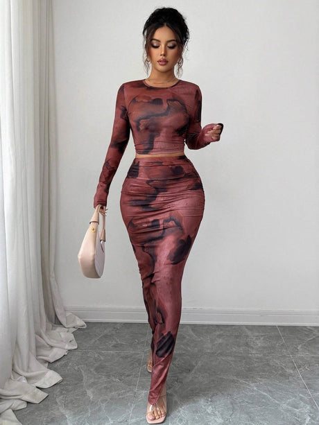 Tie-dye Patterns Long Sleeve T-shirts Tight Fit Skirts Two Sets