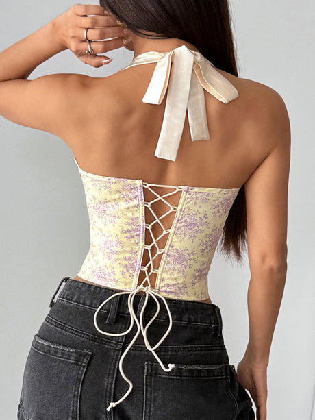 Wood Ear Printed Backless Neck Bra Fishbone Vest