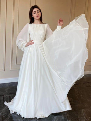 Lantern Pearl Yarn White Wedding Dress Round Neck Dress Zipper Maxi Dresses