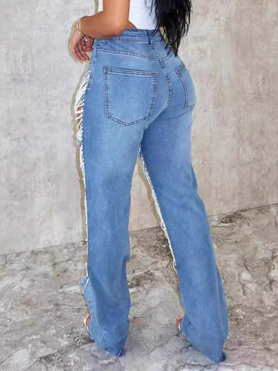 Ripped, Pearl-beaded Stretch Jeans