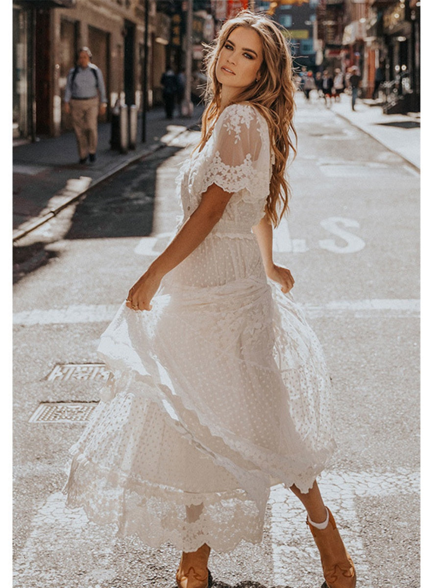 V-neck Short Sleeve Lace Gauze Solid Color Maxi Dresses