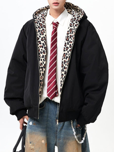 Leopard Contrasting Colors Hooded Winter Coats