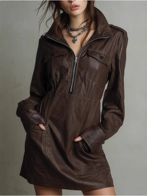 Blended Zipper Polo Collar Mini&Short Dresses