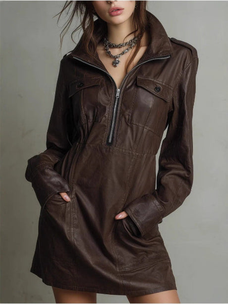 Blended Zipper Polo Collar Mini&Short Dresses