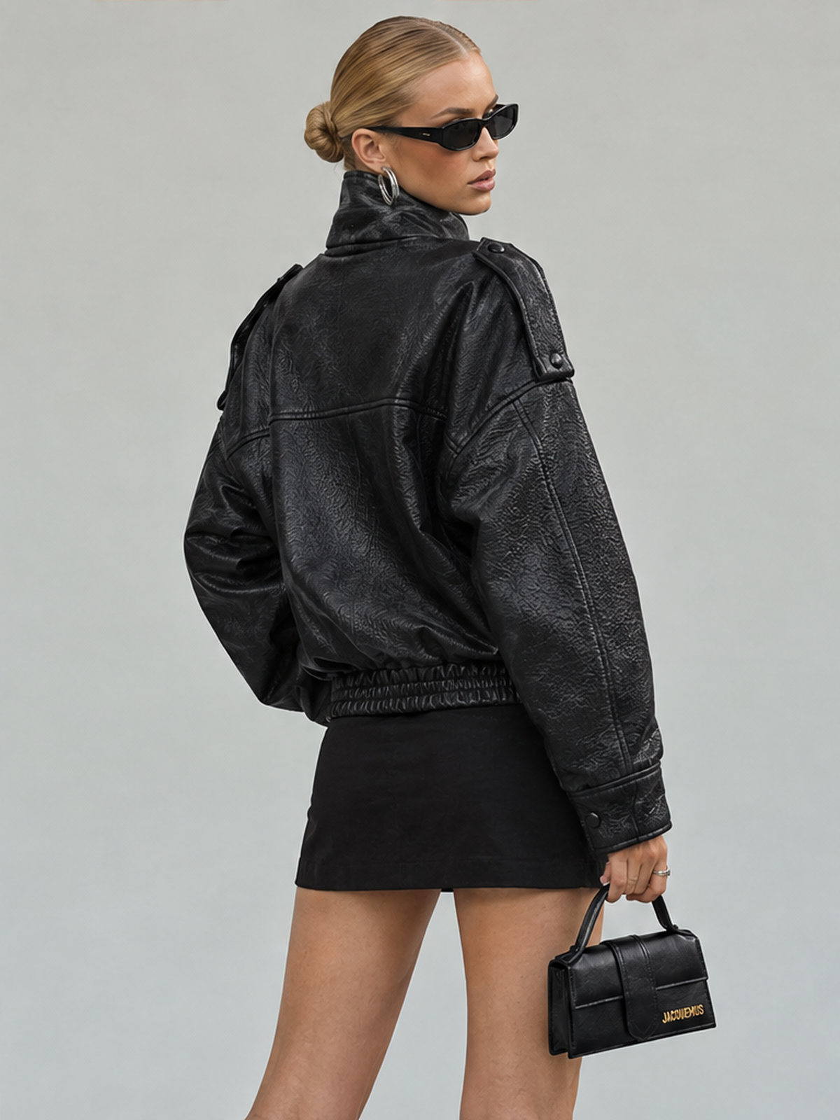 Pocket Stand-up Collar Faux Leather Jacket