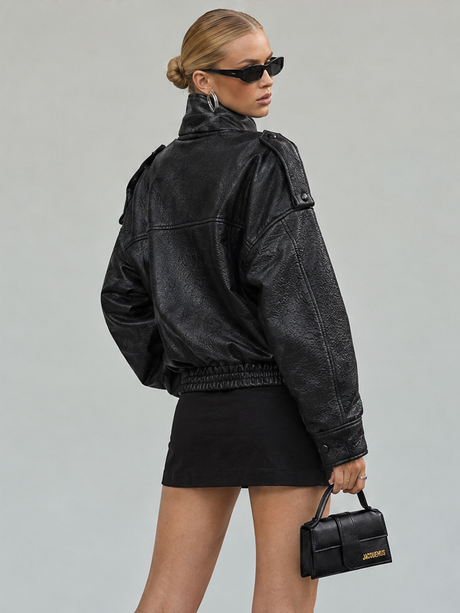 Pocket Stand-up Collar Faux Leather Jacket