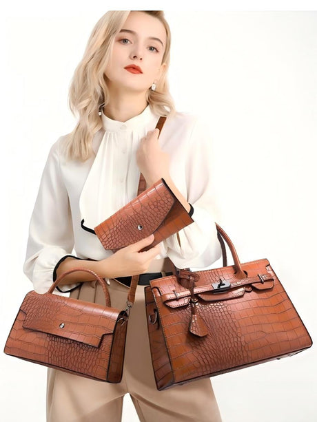 Crocodile-print Handbag 3-piece Set