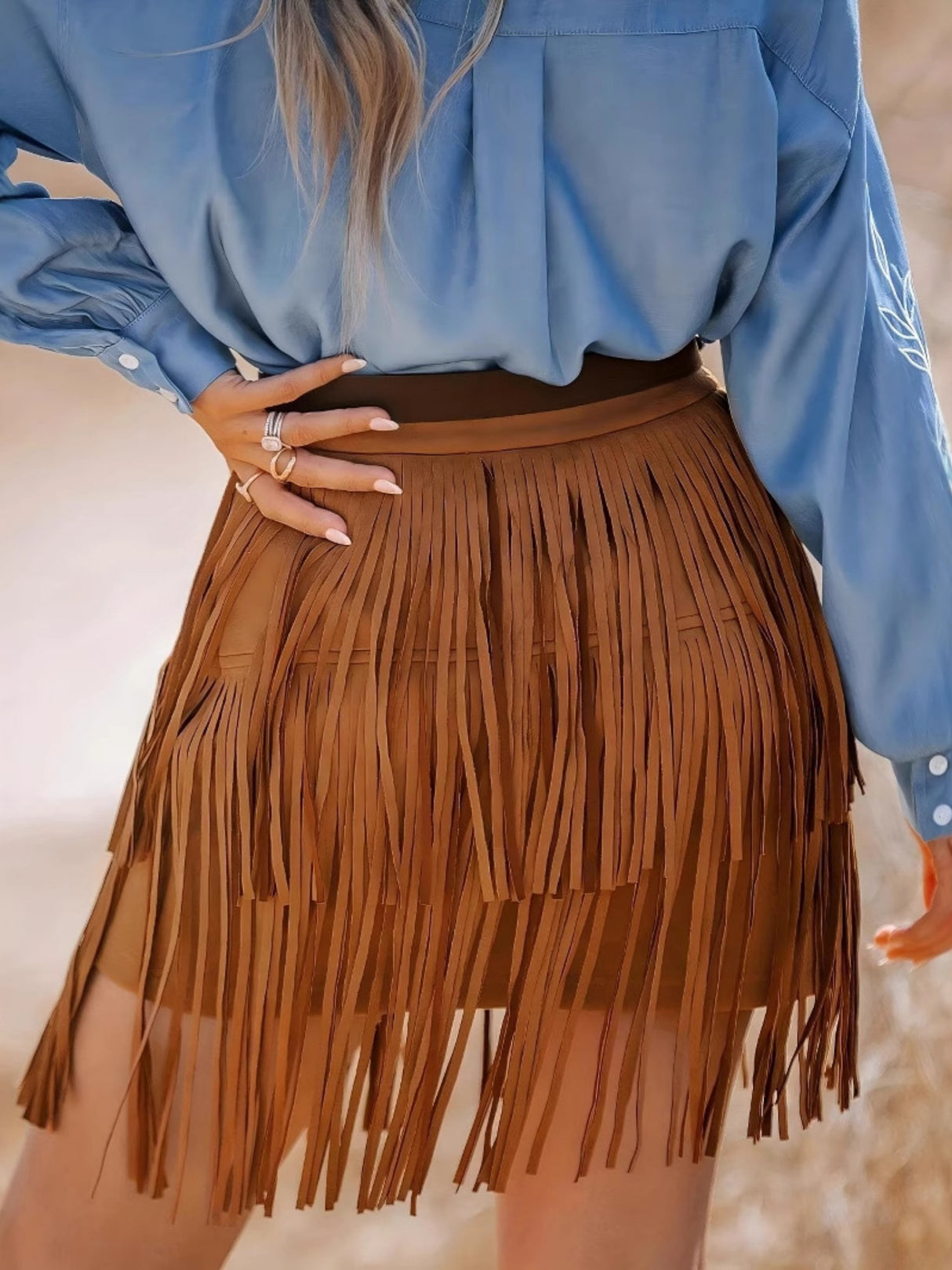 Imitation Suede Tassel Hem Cropped Skirts