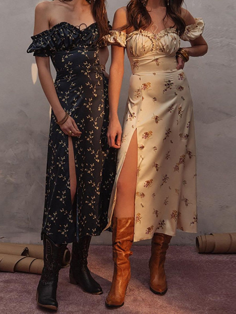 Sexy, Elegant, Fashionable Slit Off Shoulder Wood Ear Floral Maxi Dresses