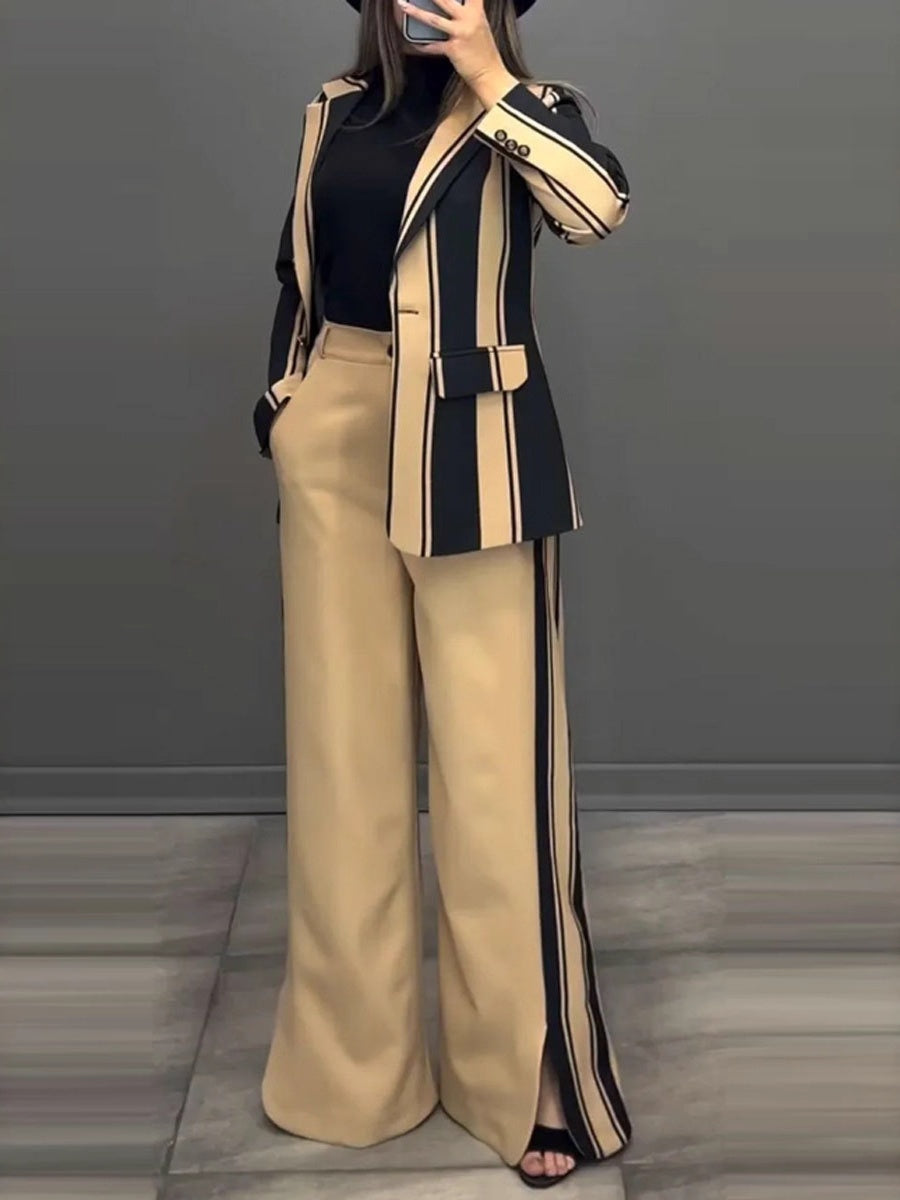 Khaki Pocket Stripes Suit 2-piece Sets