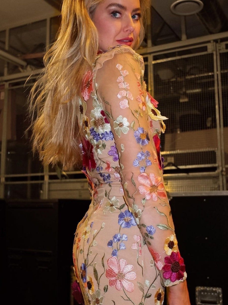 Rundhalsausschnitt, farbenfrohes, dreidimensionales, floral besticktes Netzgewebe, schmale Passform, figurbetontes Meerjungfrauen-Maxikleid