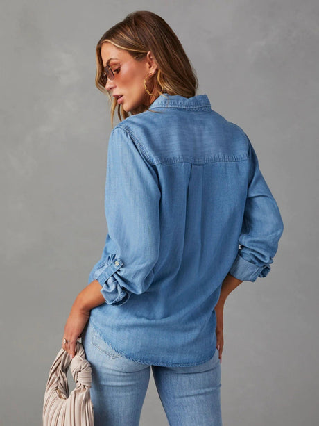 Lapel Single-breasted Long Sleeves Denim Shirt