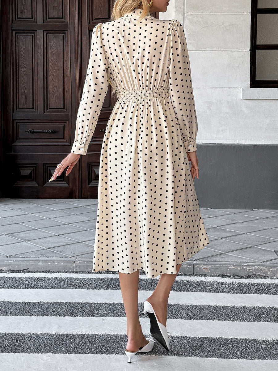 Bow Tie Collar Long Sleeve Waist Polka Dots Midi Dresses