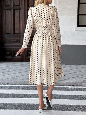 Bow Tie Collar Long Sleeve Waist Polka Dots Midi Dresses