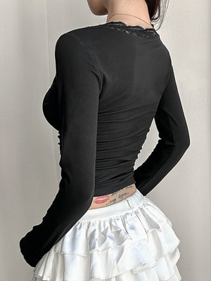Lace Trim V-neck Long Sleeve Slimming Crop Top