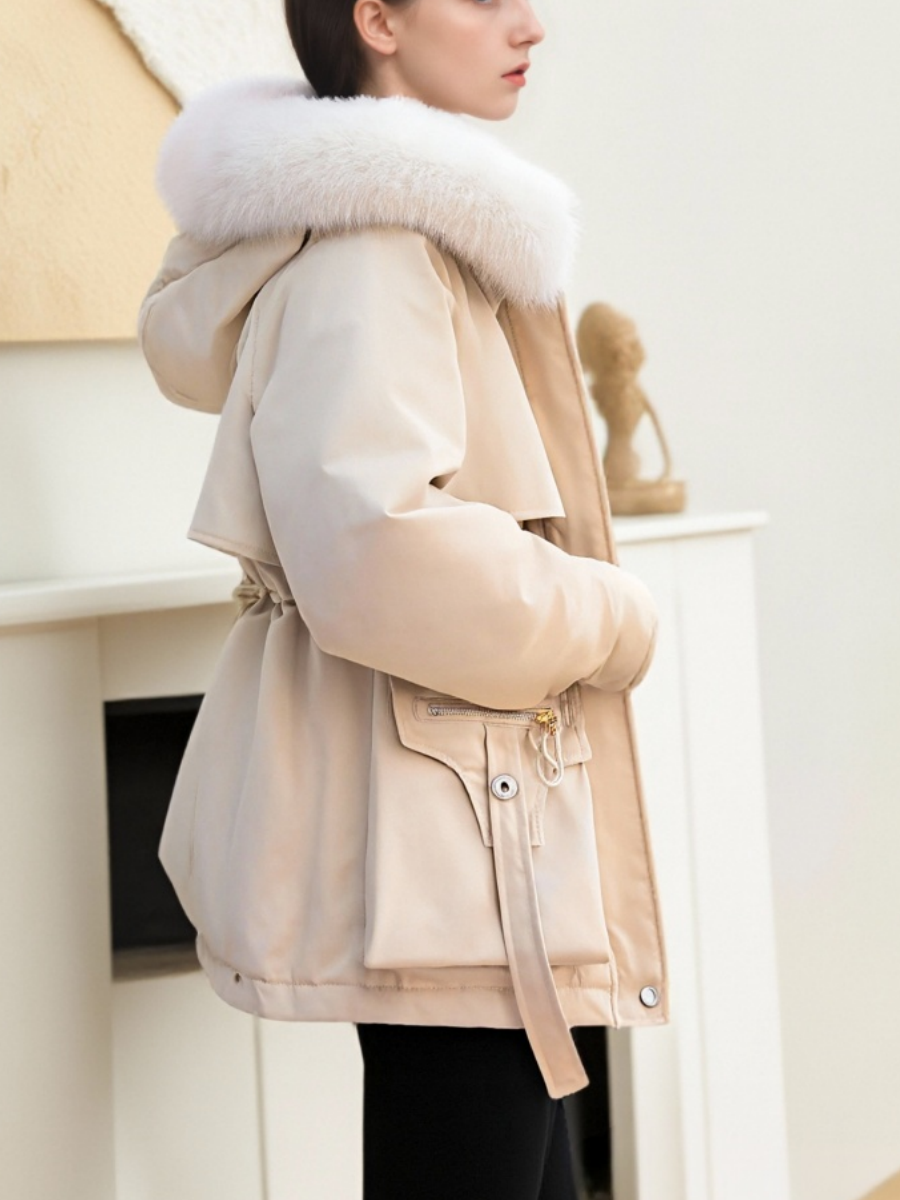 Parka With Fur Collar Drawstring Waist Pocket Casual Cotton-padded Jackets/down Jackets