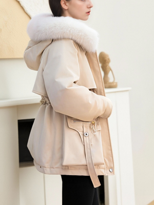 Parka With Fur Collar Drawstring Waist Pocket Casual Cotton-padded Jackets/down Jackets