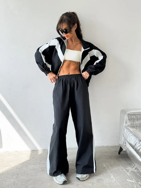 Liber Autumn women's clothing contrasting colors Sports jacket Long-sleeved two-piece suit
