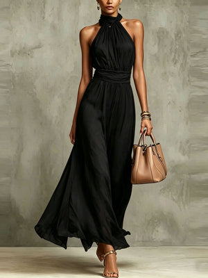 Halter Neck Solid Color Chiffon Vacation Style Waist-cinching Pleated Long Dress