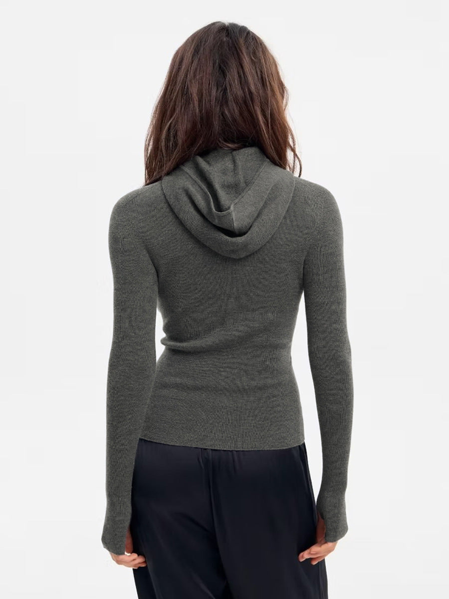 Half-zip Hooded Knit Sweater, Stylish And Suitable For Commuting, Slim Fit, Long Sleeves.