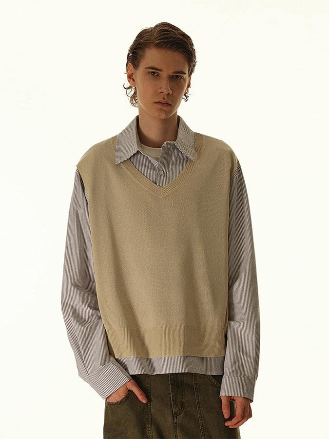 Splicing Fake Two Pieces Vertical Strip Long-sleeved Shirt With Pattern