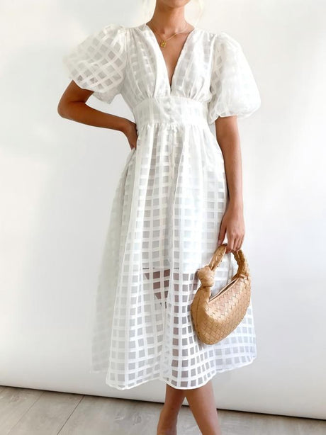 Checkered Sheer Fabric Puff Sleeve Long Dress