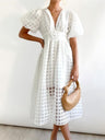 Checkered Sheer Fabric Puff Sleeve Long Dress