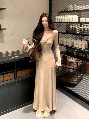 French-style Soft And Gentle Solid Color Dress, Slimming V-neck Knotted Elegant Temperament Waist-cinching Base Long Dress