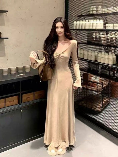French-style Soft And Gentle Solid Color Dress, Slimming V-neck Knotted Elegant Temperament Waist-cinching Base Long Dress