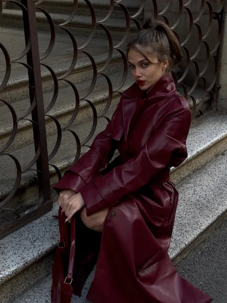 PU Leather Suit Collar Long Windbreaker