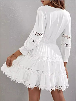 Lace Trim Hollow Out V-neck Long Sleeve Mini&Short Dresses