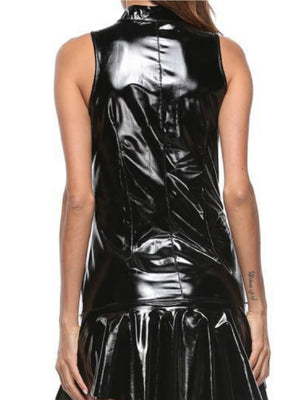 PU Leather Zippered Stand-up Collar Pleated Mini&Short Dresses