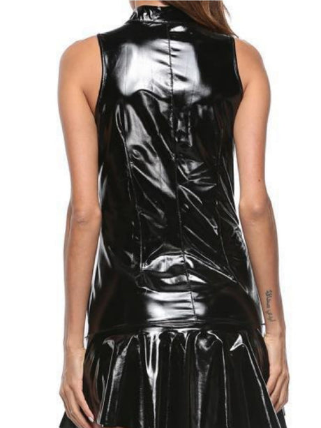 PU Leather Zippered Stand-up Collar Pleated Mini&Short Dresses