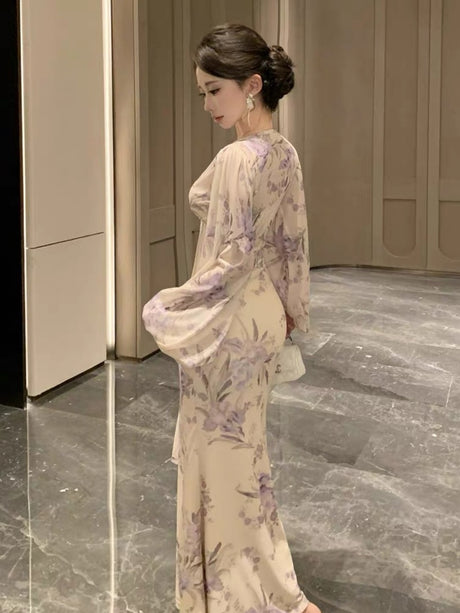 [Slip Dress + Floral Cardigan] Sexy Two-Piece Set With Printed V-Neck Lace Trim And Slim Fit